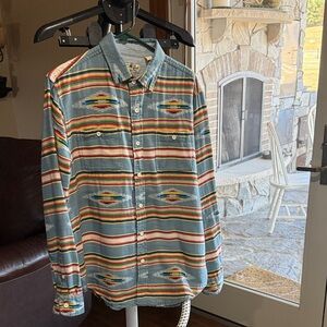 True Grit Light Blue Striped Aztec Pattern Men's Button-Up Shirt